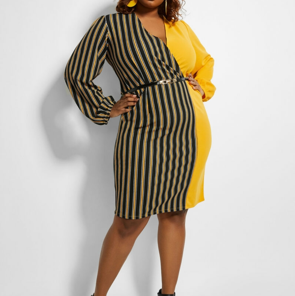 Ashley Stewart Belted ColorBlock Mock Wrap Dress
